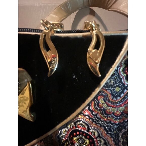 Yani Black Velvet & Gold Paisley Handbag With Decorative Straps & Elegant Detail - Picture 7 of 9